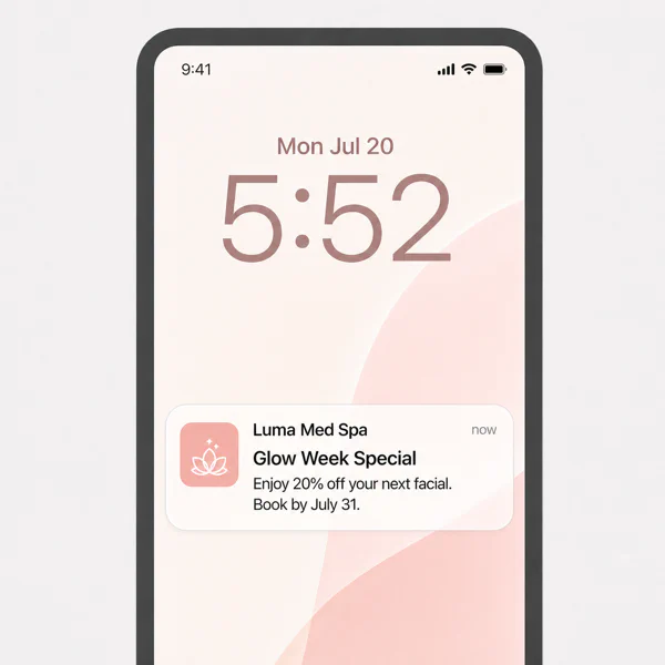 A branded customer app displaying a business push notification