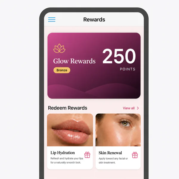 A med-spa rewards app showing points, beauty rewards, visit points, and referral points